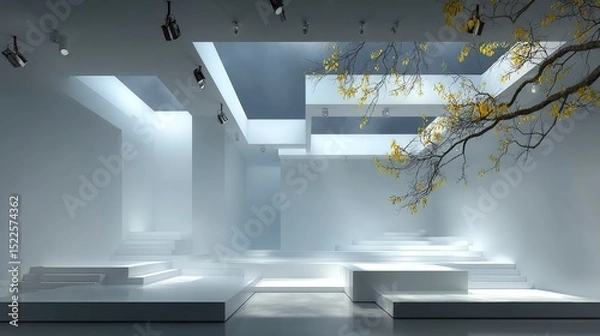 Fototapeta Minimalist White Exhibit Hall  Product Display Podium  Steps  Branch  Cinematic Lighting