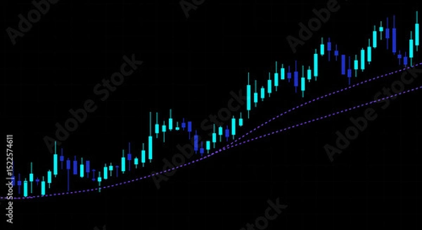 Fototapeta A financial chart with blue and cyan candlesticks showing an upward trend on a black background