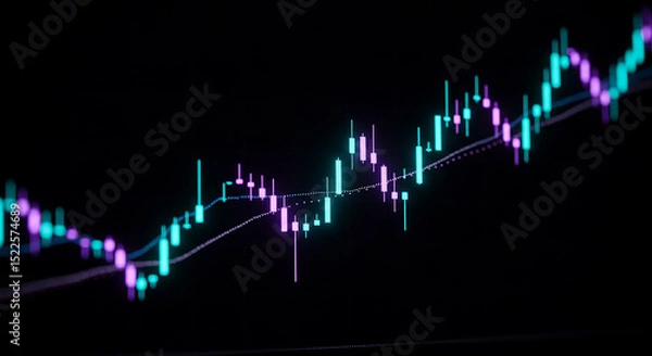 Fototapeta A close up view of a neon stock market chart with pink and blue lines on a black background