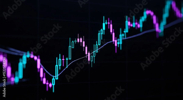 Fototapeta Stock market chart with teal and purple candlesticks on a black background showing market trends