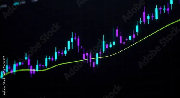 Fototapeta A stock market chart with blue and purple candlesticks and a yellow moving average line on black background