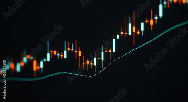 Fototapeta A detailed view of a financial chart with orange and white candlesticks on a dark background graph line