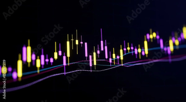 Fototapeta Abstract financial chart with candle sticks and line graphs on a dark background display pattern