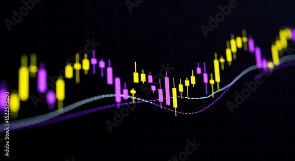 Fototapeta Abstract financial chart with yellow and purple candles on a dark background visual representation