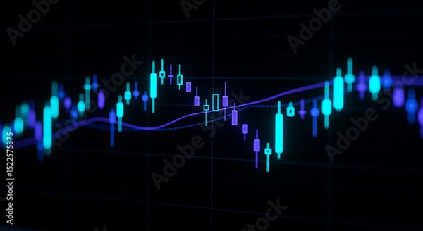Fototapeta A glowing stock market chart with blue and purple lines on a dark background showing financial data