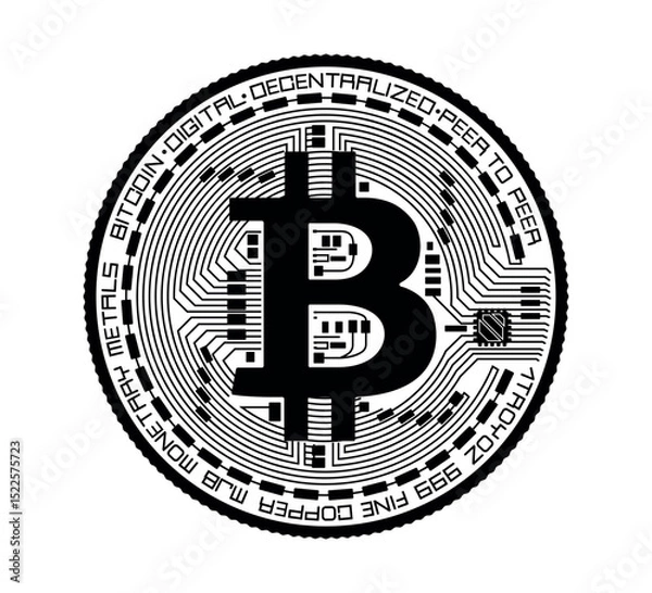 Fototapeta Cryptocurrency coin with a bitcoin symbol. The coin is depicted in black and white. Vector illustration.