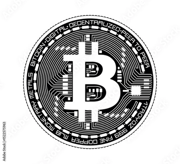 Fototapeta Cryptocurrency coin with a bitcoin symbol. The coin is depicted in black and white. Vector illustration.