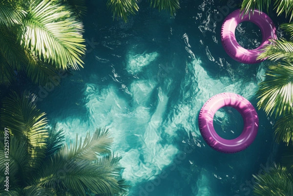 Fototapeta Top-down 3D view of a pool with pink float rings on the water, creating a tropical summer vibe.
