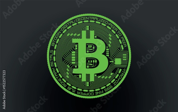 Fototapeta Cryptocurrency green coin with a bitcoin symbol on the face. Isolated on a black background. Vector illustration.