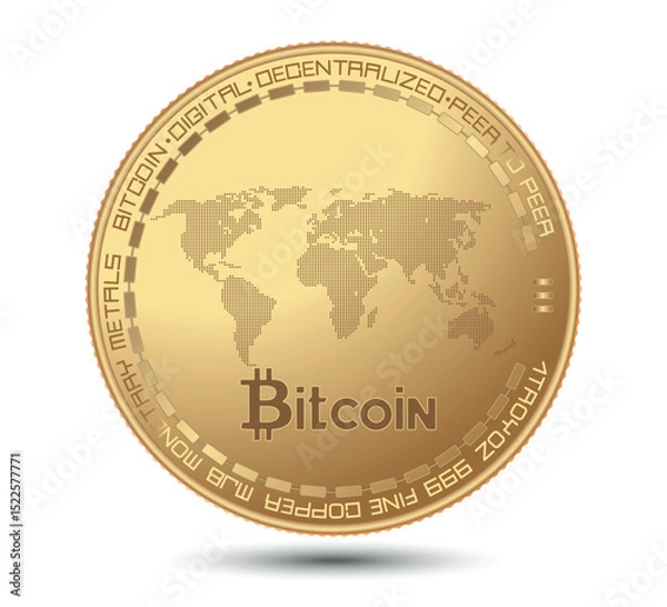 Fototapeta Cryptocurrency gold coin with a bitcoin symbol on the face. Vector illustration. 