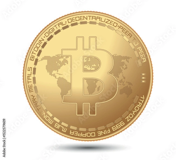 Fototapeta Cryptocurrency gold coin with a bitcoin symbol on the face. Vector illustration. 