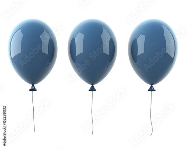 Fototapeta Three Shiny Blue Balloons with Strings Isolated Against a White Background