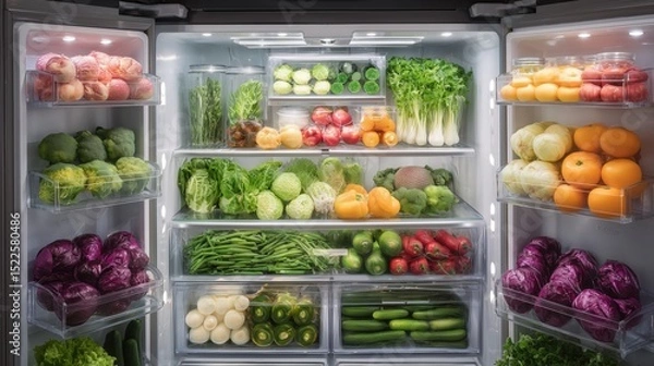 Obraz organized refrigerator interior showcasing an assortment of fresh vegetables and fruits neatly arranged in transparent drawers