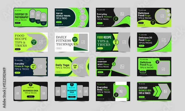 Fototapeta Multipurpose tips and tricks video thumbnail banner design, daily exercise, food recipe, marketing techniques video cover banner design, bundle video thumbnail banner design, vector eps 10 file format