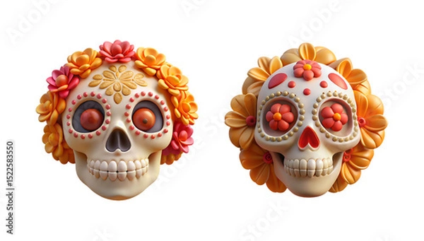 Fototapeta Two colorful decorated sugar skulls with flower crowns on an isolated white transparent background