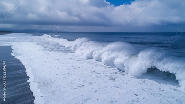 Fototapeta An aerial view shows a large ocean wave crashing on the shore