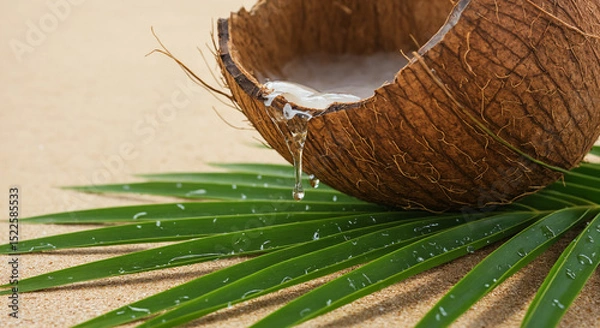 Obraz Coconut water dripping from cracked shell onto palm leaves