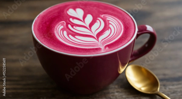 Obraz Beetroot latte in a cup with a golden spoon on a wooden table