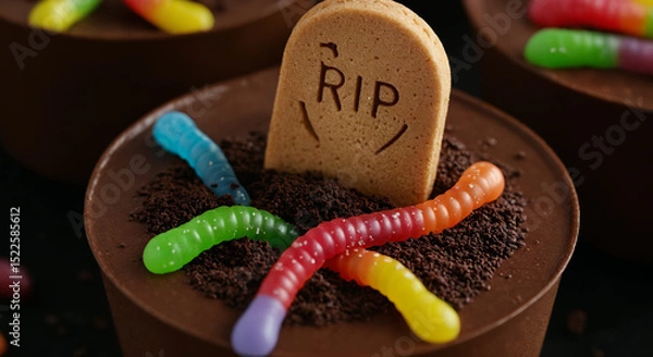 Obraz Halloween-themed dessert with gummy worms and cookie tombstone