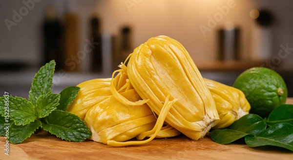 Obraz Fresh jackfruit pods with mint leaves and lime on wooden board