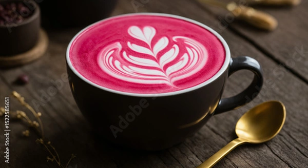 Obraz Beetroot latte in maroon cup on wooden table