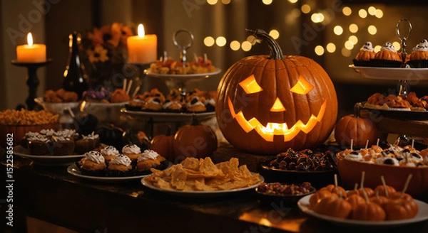 Obraz Festive Halloween table with carved pumpkin, spooky treats, and candlelit decorations