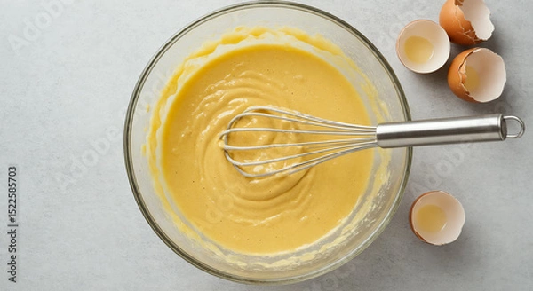 Obraz Mixing cake batter with a whisk in a glass bowl on a countertop