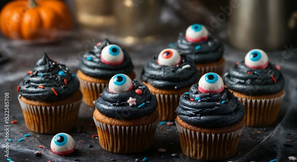 Obraz Halloween-themed cupcakes with black frosting and candy eyeballs