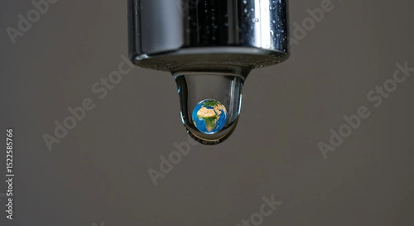 Obraz Water droplet reflecting Earth from faucet
