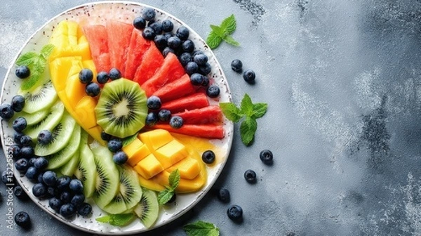 Fototapeta fruit platter set with sliced mango, kiwi, watermelon, blueberries on white plate