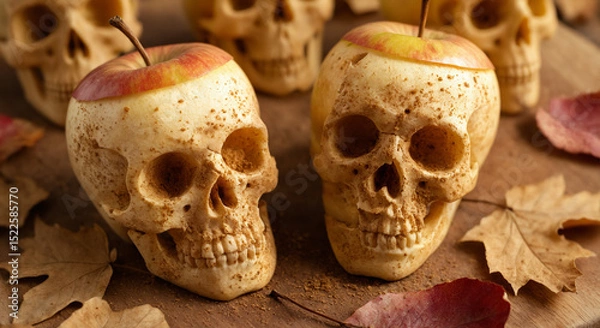 Obraz Carved apple skulls on wooden background with autumn leaves