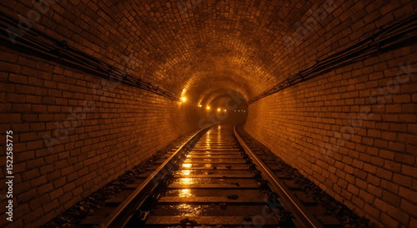 Obraz Illuminated Brick Tunnel with Railway Tracks