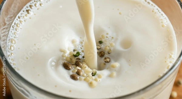 Obraz Pouring hemp milk into glass with seeds Close-up Shot