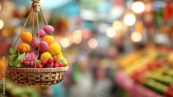 Fototapeta hovering basket with fruits, blurry market stall background