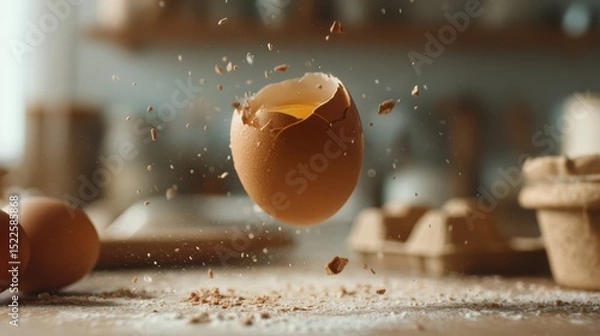 Fototapeta hovering egg cracked open, blurry baking scene background