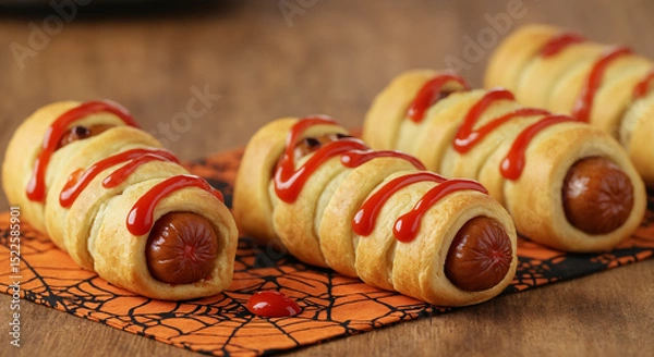 Obraz Halloween-themed sausage rolls with ketchup on a festive napkin