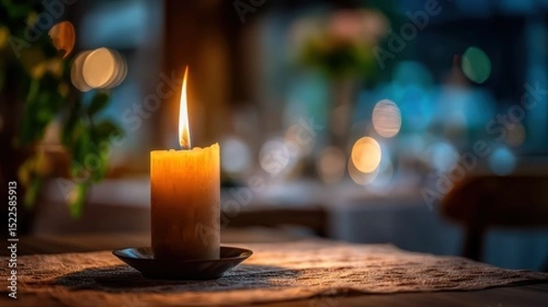 Fototapeta hovering candle with flame, blurry romantic dinner background