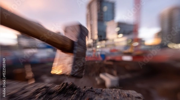 Fototapeta hovering hammer mid-swing, blurry construction site background