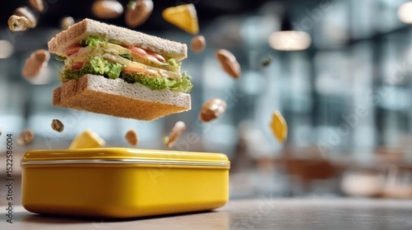 Fototapeta hovering lunchbox with food spilling, blurry school canteen background