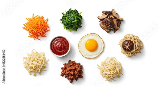 Fototapeta Ingredients for bibimbap arranged on a white surface ready to be mixed and served as a meal