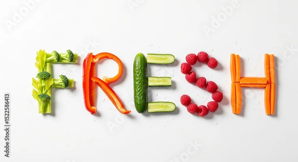 Fototapeta The word fresh spelled out with fruits and vegetables on a white background in a flat lay view
