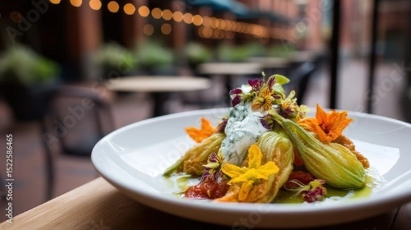 Obraz fried zucchini flowers with ricotta, blurry rustic Italian patio background