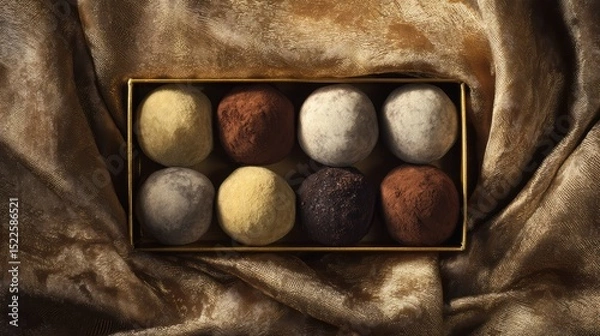 Fototapeta luxury chocolate truffles in golden box, velvet background and soft light