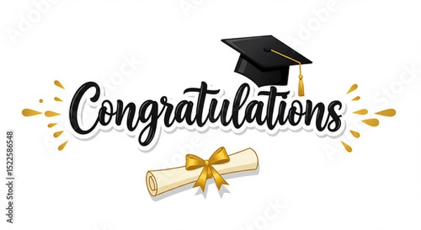Fototapeta Congratulations with graduation cap, diploma, gold accents, and elegant script on a white background