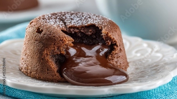 Fototapeta melting chocolate lava cake oozing filling, elegant plate, soft focus background