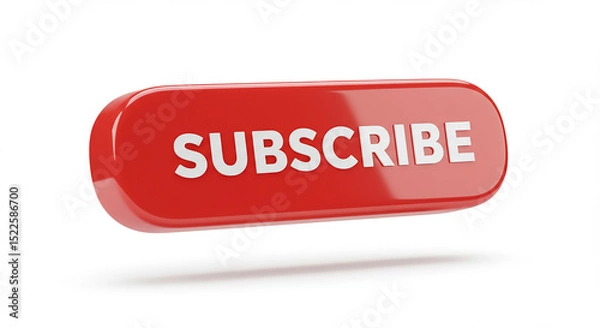 Fototapeta A red subscribe button with white text floating on a white surface in a studio setting