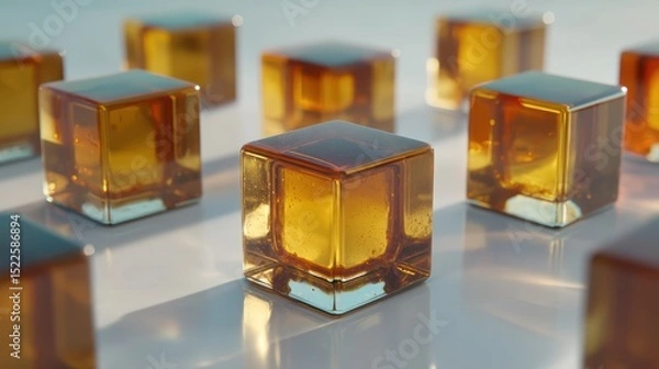 Fototapeta realistic caramel candy cubes on soft reflective surface, cinematic light setup