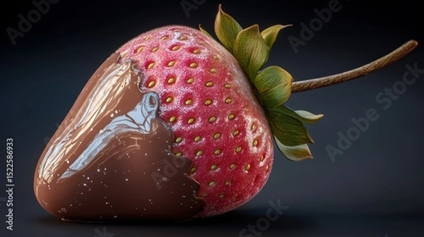 Fototapeta realistic chocolate-dipped strawberry with gloss and texture, cinematic macro lighting
