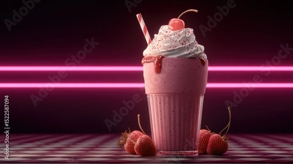 Fototapeta realistic strawberry milkshake with whipped cream and cherry, neon dessert bar atmosphere