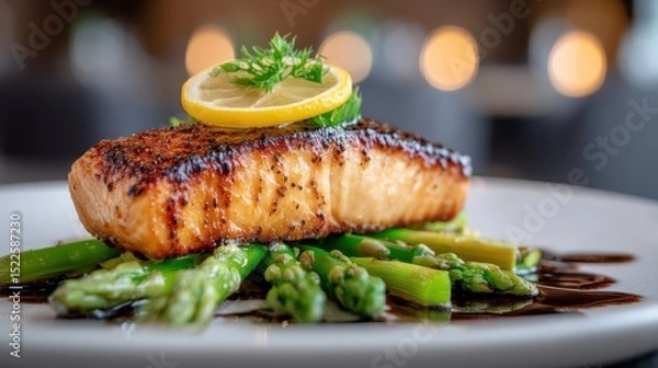 Fototapeta salmon fillet with asparagus and lemon on ceramic plate, blurry fine dining restaurant background